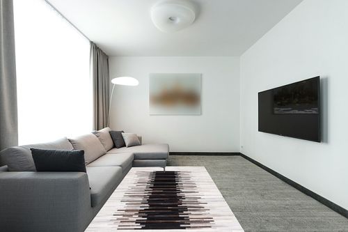 Safavieh Studio Leather Collection Area Rug - 5' x 8', Grey & Brown, Handmade Modern Natural Hide, Ideal for High Traffic Areas in Living Room, Bedroom (STL818F) in Modern Living Room with Grey Couch