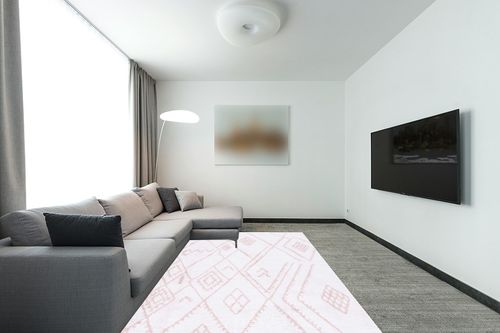 Safavieh Augustine Collection Area Rug - 6'4" x 9'6", Ivory & Pink, Moroccan Boho Fringe Design, Non-Shedding & Easy Care, Ideal for High Traffic Areas in Living Room, Bedroom (AGT835U) in Modern Living Room with Grey Couch