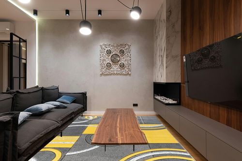 GLORY RUGS Area Rug Modern Soft Hand Carved Contemporary Floor Carpet with Premium Fluffy Texture for Indoor Living Dining Room and Bedroom Area (8x10, Yellow) in Dark Wood Living Room with Black Couch