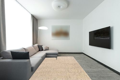Rugs USA x Arvin Olano Melrose Checked Wool Area Rug - 6x9 Area Rug Farmhouse Cream for Living Room Bedroom Dining Room Kitchen in Modern Living Room with Grey Couch