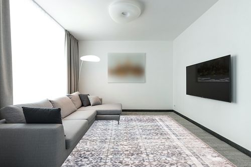 Bloom Rugs Washable Non-Slip 9' x 12' Rug - Tan/Blue/Green Traditional Area Rug for Living Room, Bedroom, Dining Room, and Kitchen - Exact Size: 9' x 12' in Modern Living Room with Grey Couch