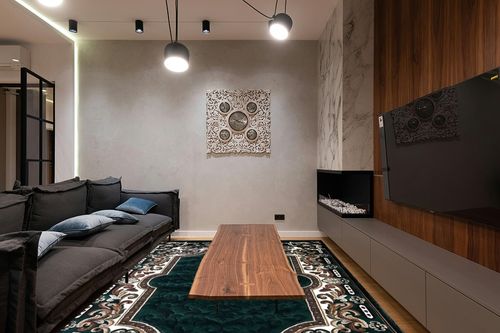 Kingdom Traditional Area Rug Hunter Dark Green Design D123 (8 Feet X 10 Feet) in Dark Wood Living Room with Black Couch