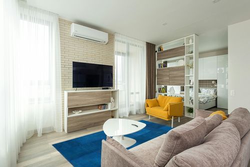 BESPOKY 5'1" x 7'7" (154x230 Cm) Teselya Blue Patchwork Wool Handmade Area Rug in Light Modern Living Room with TV