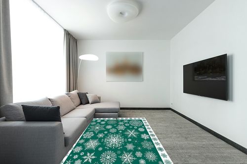 Christmas Area Rug 5 x 8, Washable Bedroom Rug Non-Slip Kitchen Rugs Non Shedding Floor Cover Mat Runner Rug for Living Room Dining Room Outdoor Carpet Seasonal Green Snowflakes Winter Xmas in Modern Living Room with Grey Couch