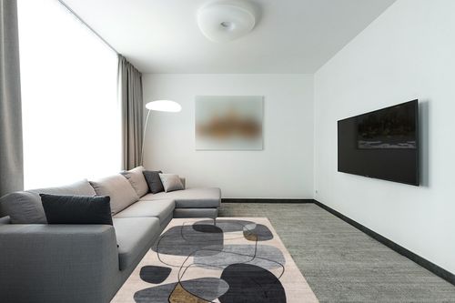 nuLOOM Rylee Abstract Machine Washable Indoor/Outdoor Area Rug, 5x8, Grey in Modern Living Room with Grey Couch
