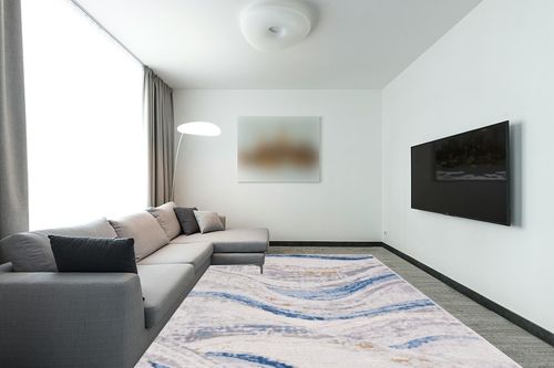 Safavieh Palma Collection Area Rug - 9' x 12', Beige & Light Blue, Modern Abstract Design, Non-Shedding & Easy Care, Ideal for High Traffic Areas in Living Room, Bedroom (PAM334A) in Modern Living Room with Grey Couch
