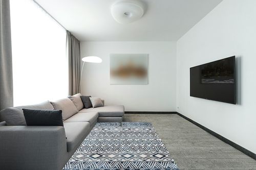 Atkisson Geometric Machine Washable Performance Light Aqua/Blue Rug Ivy Bronx Rug ... in Modern Living Room with Grey Couch