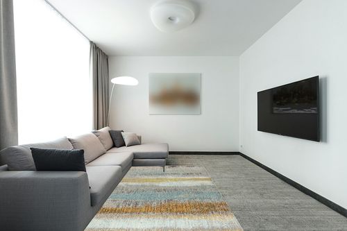 JONATHAN Y CTP105A-5 Contemporary POP Modern Abstract Vintage Indoor Area-Rug Bohemian Easy-Cleaning High Traffic Bedroom Kitchen Living Room Non Shedding, 5 X 8, Cream/Yellow in Modern Living Room with Grey Couch