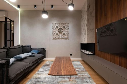 vivorug Washable Rug, Ultra Soft Area Rug 6x9, Non Slip Abstract Rug Foldable, Stain Resistant Rugs for Living Room Bedroom, Modern Fuzzy Rug (Gray/Rust, 6'x9') in Dark Wood Living Room with Black Couch