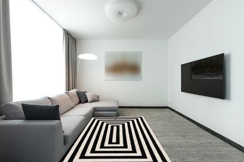 Abani Contemporary Black & Ivory 5'3" x 7'6" Area Rug, Contrasting Geometric Modern Stripe Symmetrical Living Room Carpet Rugs in Modern Living Room with Grey Couch