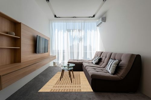 nuLOOM Lila Modern Striped Indoor/Outdoor Area Rug, 5x8, Beige in Grey Living Room with Brown Couch
