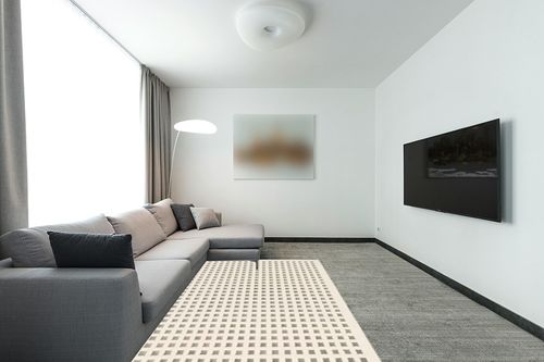 nuLOOM 5' x 8' SuperiorWash Indoor Area Rug, 100% Recycled PET, Machine Washable, Oeko-TEX Certified, Medium Pile, Pet-Friendly, Daleyza Checkered Cream in Modern Living Room with Grey Couch