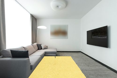 Yellow 21x34" Shagadelic Chenille Twist Rug- Shag in Modern Living Room with Grey Couch