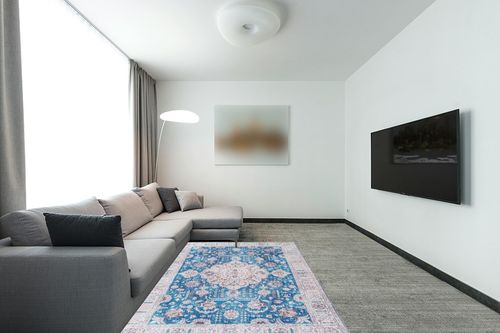 Syalife Washable Rug Vintage Area Rugs, 5'x 7' Living Room Rug with Non Slip Backing, Ultra-Thin Medallion Distressed Non-Shedding Blue Rug, Vintage Floor Mat Indoor Rug in Modern Living Room with Grey Couch