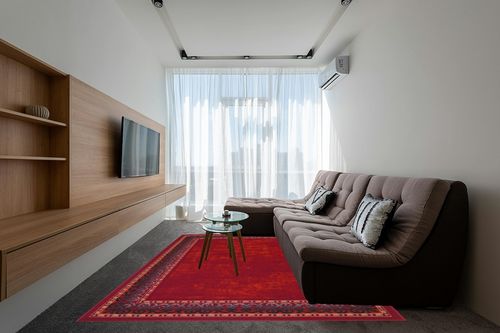 Antep Rugs Alfombras Bordered Modern 8x10 Non-Slip (Non-Skid) Low Pile Rubber Backing Indoor Area Rug (Maroon Red, 7'10" x 10') in Grey Living Room with Brown Couch
