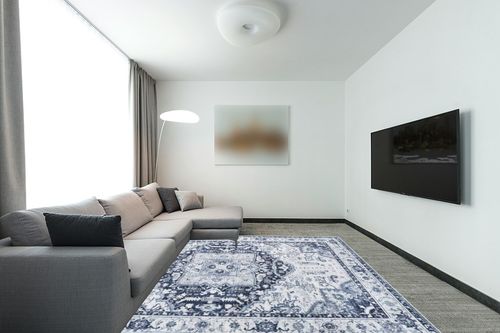 xilixili 8x10 Area Rugs,Washable Rug Anti-Slip Backing Area Rugs for Living Room - Stain Resistant Rugs for Bedroom,Vintage Printed Home Decor Large Area Rug (Navy Blue,8'x10') in Modern Living Room with Grey Couch