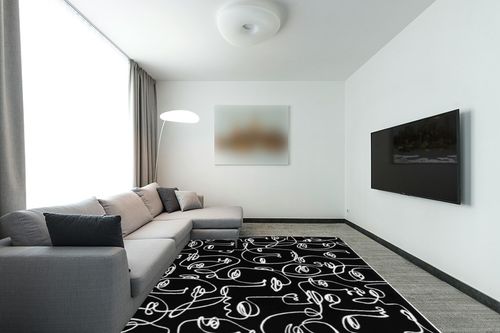Black and White Minimalist Abstract Face Pattern Area Rug for Living Room Bedroom Boho Chic Modern Dining Room Carpet Washable Soft Home Office Floorcover Runnner Rug 8x10 in Modern Living Room with Grey Couch