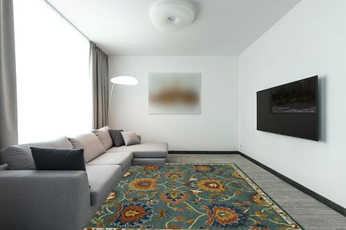SAFAVIEH Heritage Collection Area Rug - 8' x 10', Light Blue, Handmade Traditional Oriental Wool, Ideal for High Traffic Areas in Living Room, Bedroom (HG651A) in Modern Living Room with Grey Couch