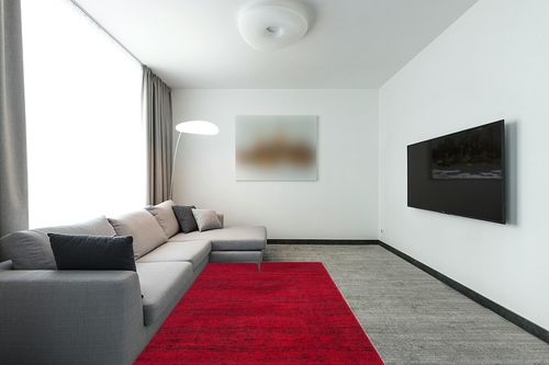 SAFAVIEH Adirondack Collection Area Rug - 5'1" x 7'6", Red & Black, Modern Abstract Design, Non-Shedding & Easy Care, Ideal for High Traffic Areas in Living Room, Bedroom (ADR117F) in Modern Living Room with Grey Couch