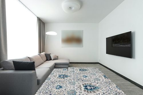 Area Rug Living Room Rugs: 8x10 Machine Washable Soft Boho Rug Chic Glam Paisley Low Pile Indoor Floor Carpet for Bedroom Under Dining Table Home Office House Decor - Blue in Modern Living Room with Grey Couch