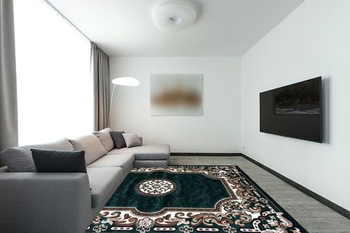 Kingdom Traditional Area Rug Hunter Dark Green Design D123 (8 Feet X 10 Feet) in Modern Living Room with Grey Couch