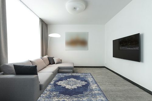 Navy Blue Modern Lightweight Living Room Area Rug in Modern Living Room with Grey Couch