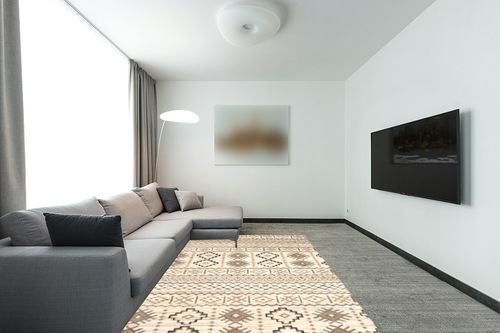 Brayden Studio Eldert Hand-Knotted Beige Area Rug, Size: Rectangle 6' x 9' in Modern Living Room with Grey Couch