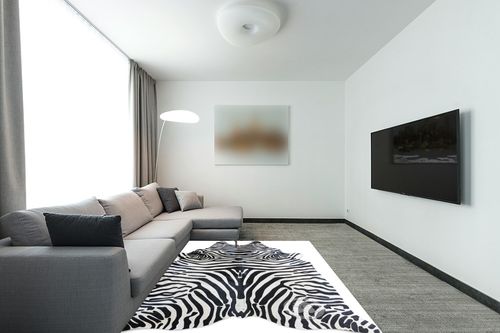 Sunshine Cowhides Genuine Safari Zebra Print Cowhide Rug - Luxurious Cow Rug for Bedroom, Living Room, and Home Decor Enthusiasts - Masterpiece of Style and Functionality - 6x7ft (180x210cm) in Modern Living Room with Grey Couch