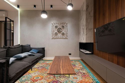 Unique Loom Penrose Collection Area Rug - Blake (9' x 12' Rectangle, Multi/ Blue) in Dark Wood Living Room with Black Couch