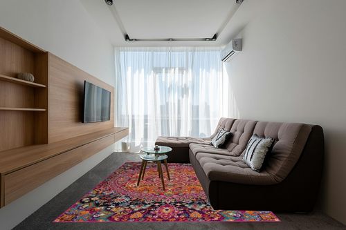 New Marlboro Oriental Bohemian Living Room Bedroom Area Rug - Persian Vintage Medallion Look - Floral Boho Carpet - Bright Colorful - Purple, Red, Orange, Pink - 7'10" x 10' in Grey Living Room with Brown Couch