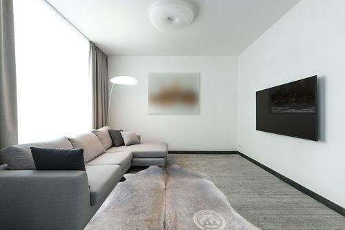 Genuine Grey Beige Cowhide Rug XL 6 x 7-8 ft. 180 x 240 cm in Modern Living Room with Grey Couch