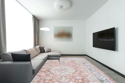 Safavieh Jasmine Collection Area Rug - 9' x 12', Rust & Blue, Traditional Oriental Distressed Design, Non-Shedding & Easy Care, Ideal for High Traffic Areas in Living Room, Bedroom (JSM317P) in Modern Living Room with Grey Couch