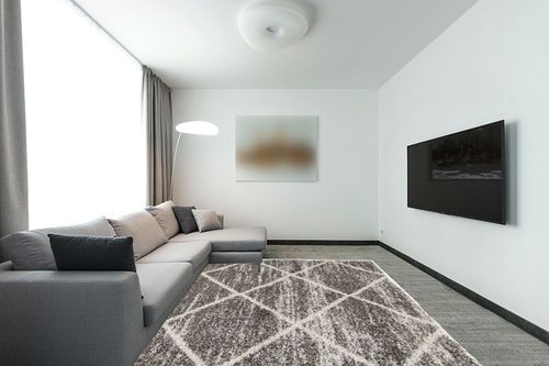 SAFAVIEH Hudson Shag Collection Area Rug - 8' x 10', Distressed Grey & Ivory, Trellis Design, Non-Shedding & Easy Care, 2-inch Thick Ideal for High Traffic Areas in Living Room, Bedroom (SGH281K) in Modern Living Room with Grey Couch