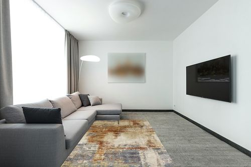 Haltwhistle Abstract Terracotta Area Rug 17 Stories Rug Size: Rectangle 5'3" x 7'8" in Modern Living Room with Grey Couch