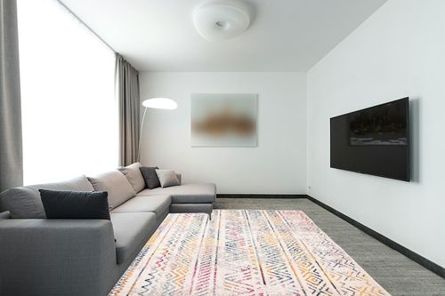 Rugshop Geometric Boho Perfect for high Traffic Areas of Your Living Room,Bedroom,Home Office,Kitchen Easy Cleaning Area Rug 5' x 7' Multi in Modern Living Room with Grey Couch