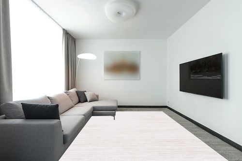 SAFAVIEH Vision Collection Area Rug - 9' x 12', Ivory, Modern Ombre Tonal Chic Design, Non-Shedding & Easy Care, Ideal for High Traffic Areas in Living Room, Bedroom (VSN606J) in Modern Living Room with Grey Couch