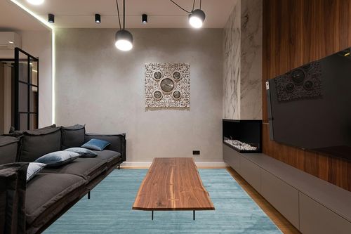 SAFAVIEH Vision Collection Area Rug - 8' x 10', Aqua, Modern Ombre Tonal Chic Design, Non-Shedding & Easy Care, Ideal for High Traffic Areas in Living Room, Bedroom (VSN606B) in Dark Wood Living Room with Black Couch