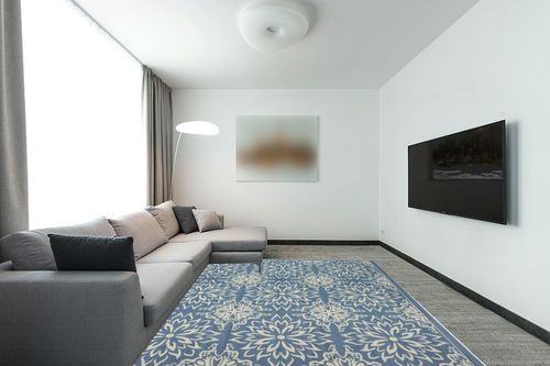 Nourison Jubilant Floral Ivory/Blue 7'10" x 9'10" Area Rug, Easy -Cleaning, Non Shedding, Bed Room, Living Room, Dining Room, Kitchen (8x10) in Modern Living Room with Grey Couch