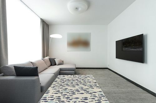 Mossley Cream/Navy/Blue Area Rug Sand & Stable Rug Size: Rectangle 5'3" x 7' in Modern Living Room with Grey Couch