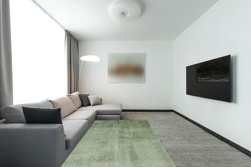 Unique Loom Studio Solid Shag Collection Urban Modern Super Soft & Plush Area Rug, 5 ft x 8 ft, Sage Green in Modern Living Room with Grey Couch