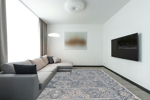 Safavieh Aspen Collection Area Rug - 9' x 12', Blue & Beige, Handmade Boho Wool, Ideal for High Traffic Areas in Living Room, Bedroom (APN275M) in Modern Living Room with Grey Couch