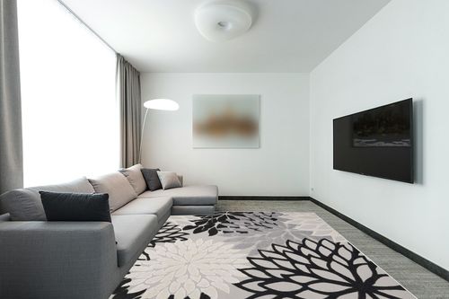 Nourison Aloha Indoor/Outdoor Black White 7'10" x 10'6" Area-Rug, Tropical, Botanical,Easy-Cleaning, Non Shedding, Bed Room, Living Room, Dining Room, Deck, Backyard, Patio (8x10) in Modern Living Room with Grey Couch