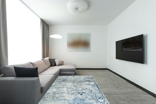 Miukiki 5x7 Area Rugs for Living Room,Anti-Slip Backing Washable Rug,Stain Resistant Abstract Area Rugs,Ultra-Thin Large Home Decor Rug (Blue/Bean Green,5'x7') in Modern Living Room with Grey Couch