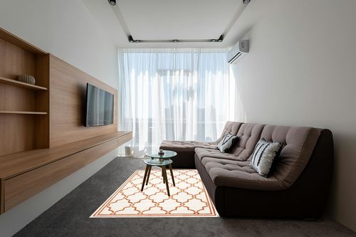 SAFAVIEH Amherst Collection Area Rug - 5'3" x 8', Beige & Orange, Trellis Design, Non-Shedding & Easy Care, Ideal for High Traffic Areas in Living Room, Bedroom (AMT414F) in Grey Living Room with Brown Couch