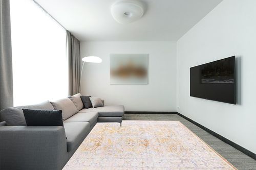 Unique Loom Revival Collection Traditional Medallion Border Yellow/Ivory Area Rug (7' 6 x 10' 6) in Modern Living Room with Grey Couch