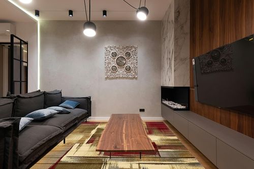 Unique Loom Barista Collection Area Rug - Timor (7' 10" x 10' Rectangle, Multi/ Red) in Dark Wood Living Room with Black Couch