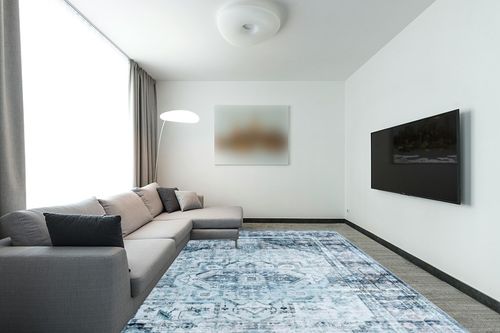 BRICHOEE Large Vintage Washable Rug 9x12 Blue Low-Pile Indoor Floral Print Carpet Non Slip Printed Persian Boho Area Rug for Living Room in Modern Living Room with Grey Couch