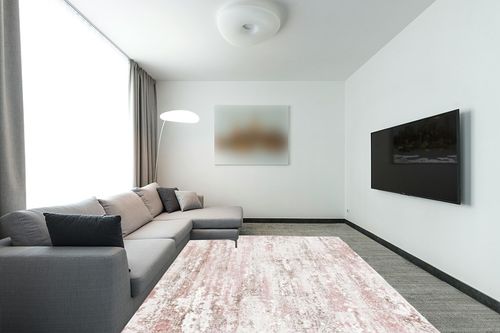 SAFAVIEH Meadow Collection Area Rug - 8' x 10', Beige & Pink, Modern Abstract Design, Non-Shedding & Easy Care, Ideal for High Traffic Areas in Living Room, Bedroom (MDW585B) in Modern Living Room with Grey Couch