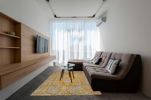 SAFAVIEH Porcello Collection 6'7" Square Light Grey / Yellow PRL7737C Modern Abstract Non-Shedding Living Room Bedroom Dining Home Office Area Rug in Grey Living Room with Brown Couch