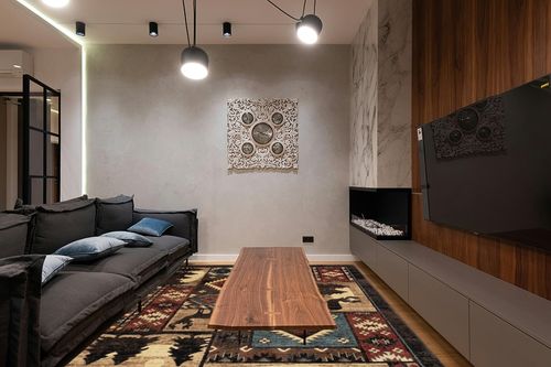 Home Dynamix Buffalo Bear Rustic Area Rug, Brown/Red, 7'10"x10'5", Rectangular in Dark Wood Living Room with Black Couch